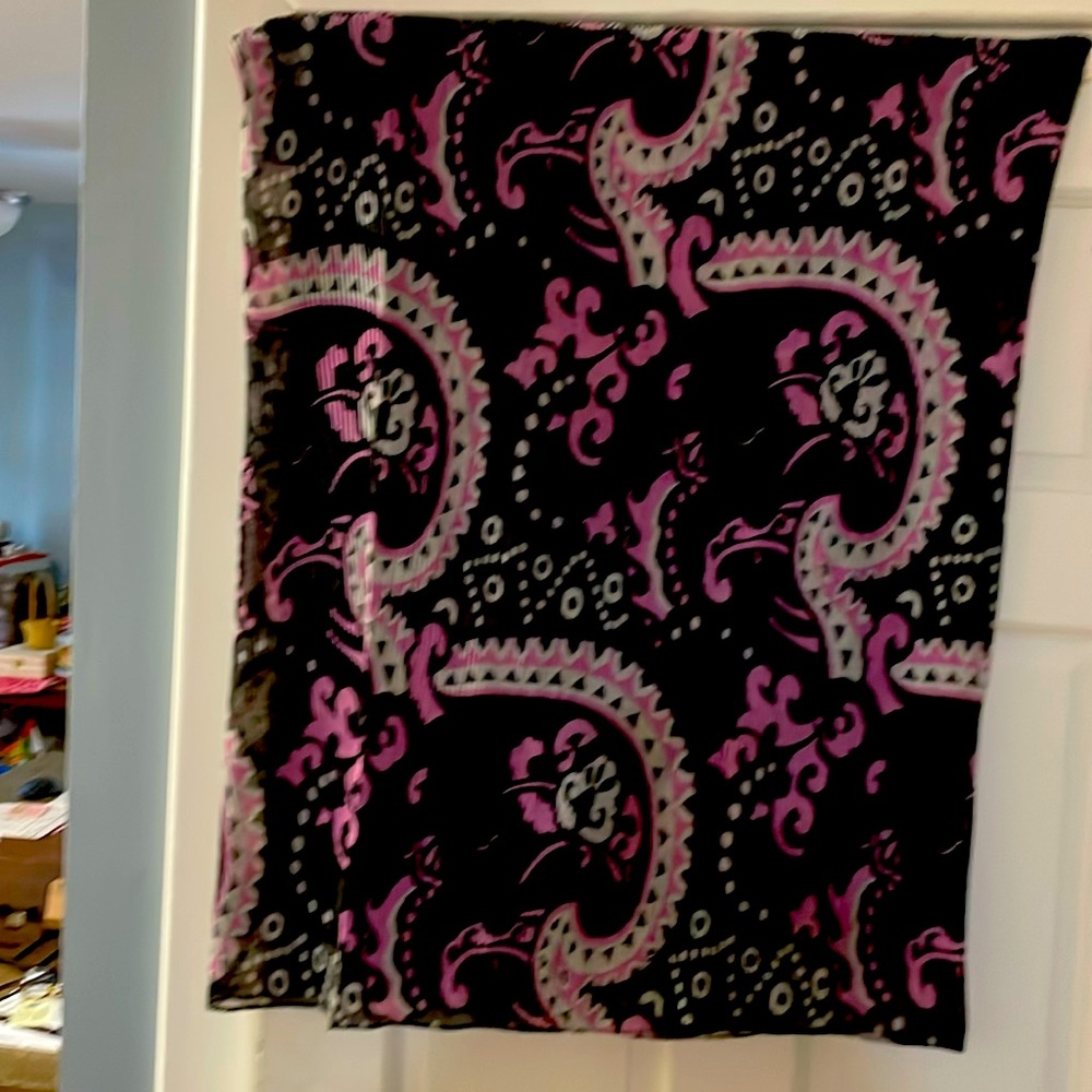 Charming Charlie infinity scarf. 100% polyester. black with gray & pink